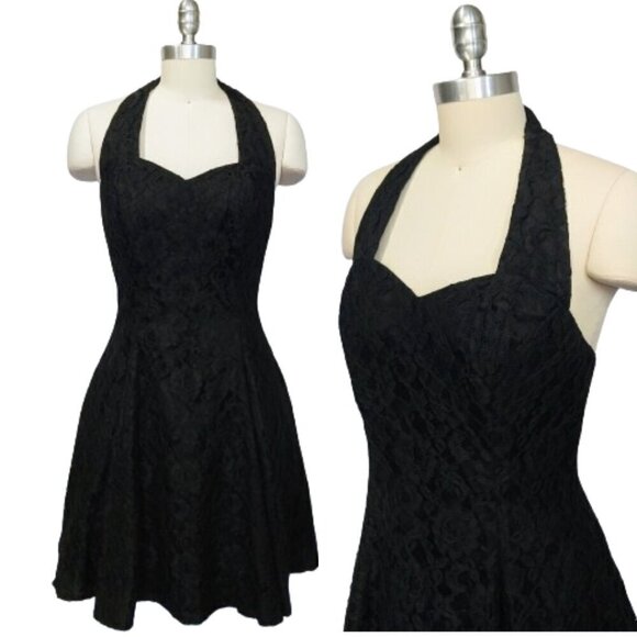 Vintage 80's Black Lace Halter Dress Size S M Sweetheart Fit & Flare Party Dance - Picture 1 of 15